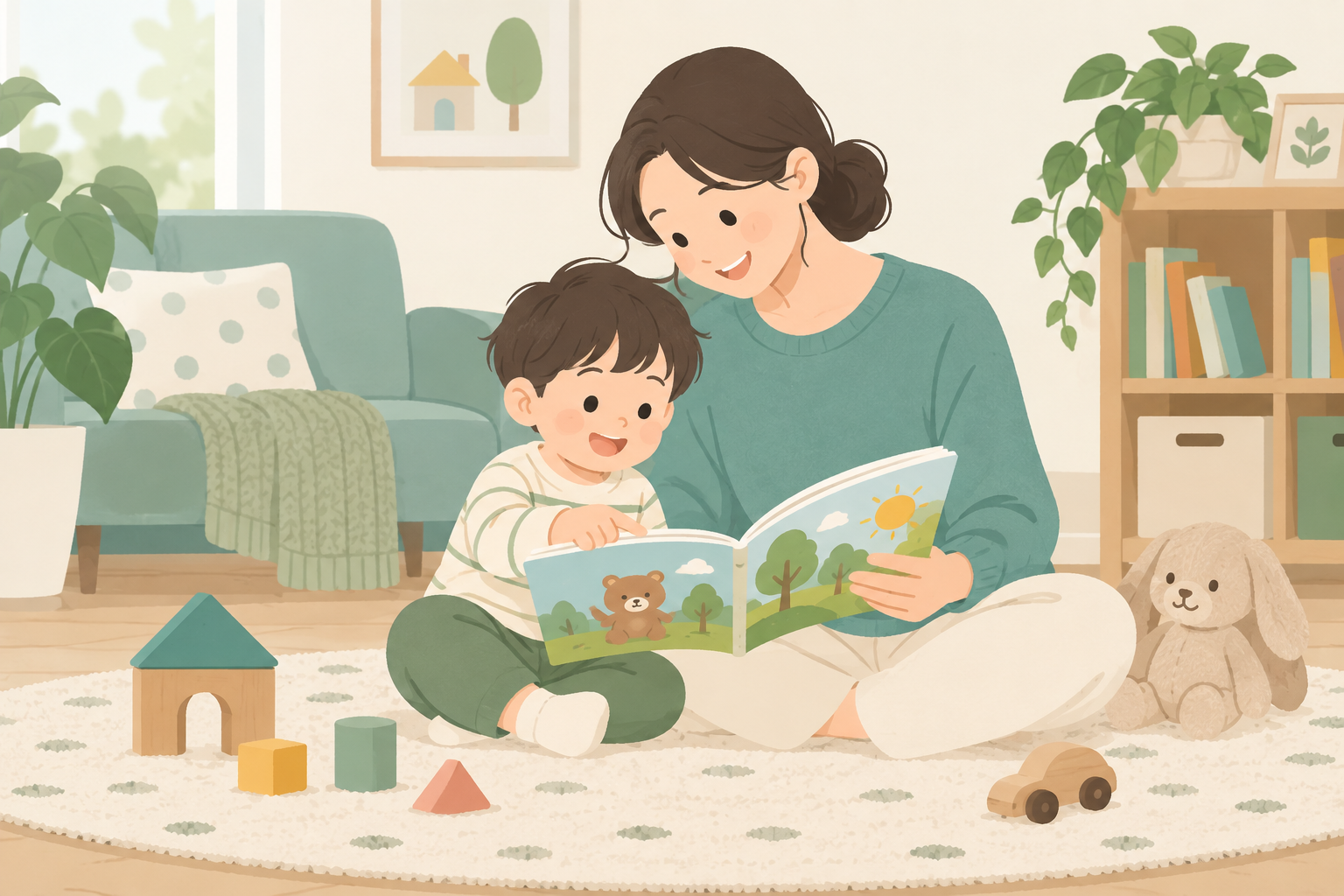 보호자와 아이가 함께 책을 보며 성장하는 모습을 표현한 아동수당 안내 삽화