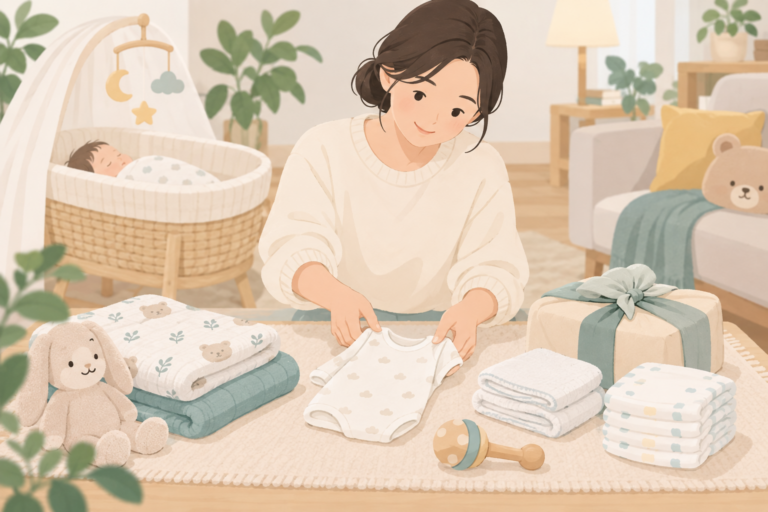 신생아를 맞이하기 위해 육아용품을 준비하는 모습을 표현한 첫만남이용권 안내 삽화