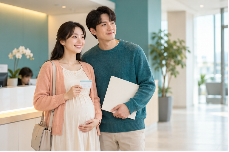 임신부가 병원 진료비 지원을 확인하는 모습을 표현한 임신·출산 진료비 안내 이미지