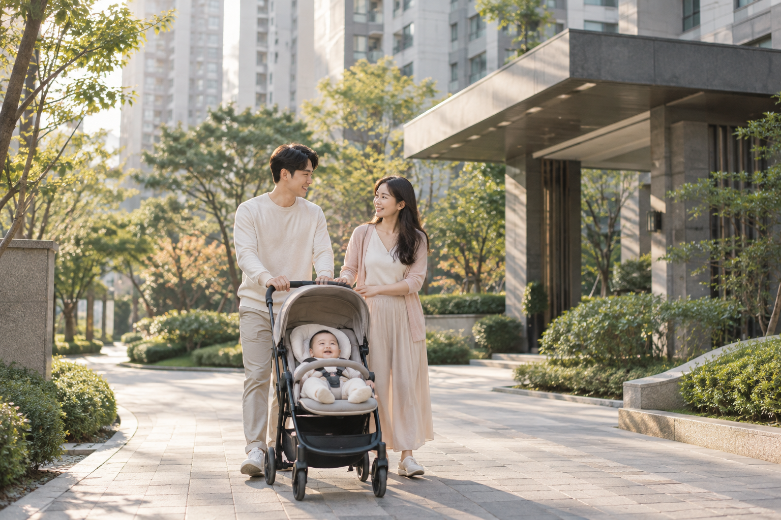 서울 아파트 단지 보행로에서 유모차와 함께 이동하는 가족의 서울 자녀출산 무주택가구 주거비 지원 안내 이미지
